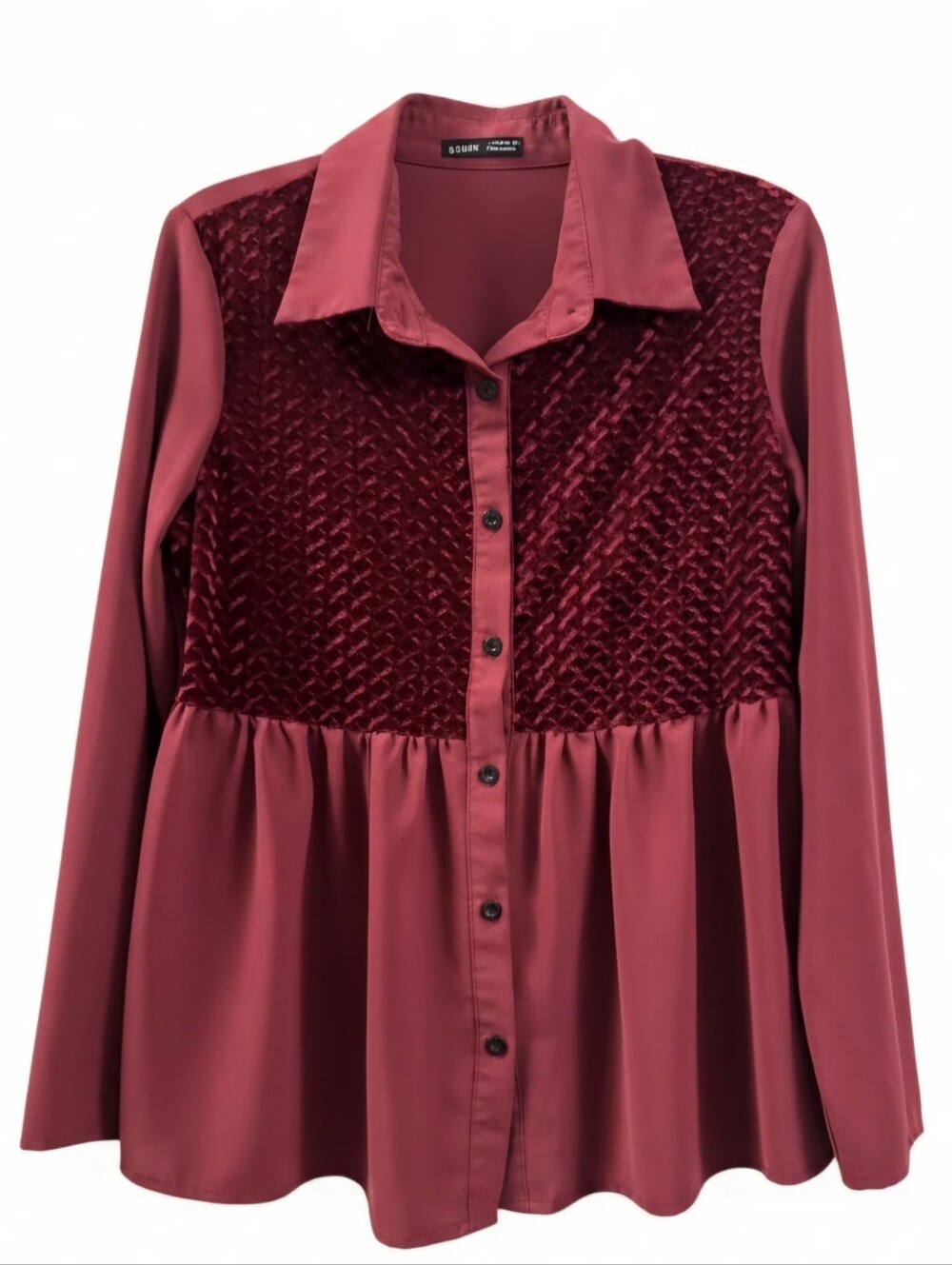 Burgundy Velvet Textured Front Peplum Blouse Long Sleeve Red Maroon M